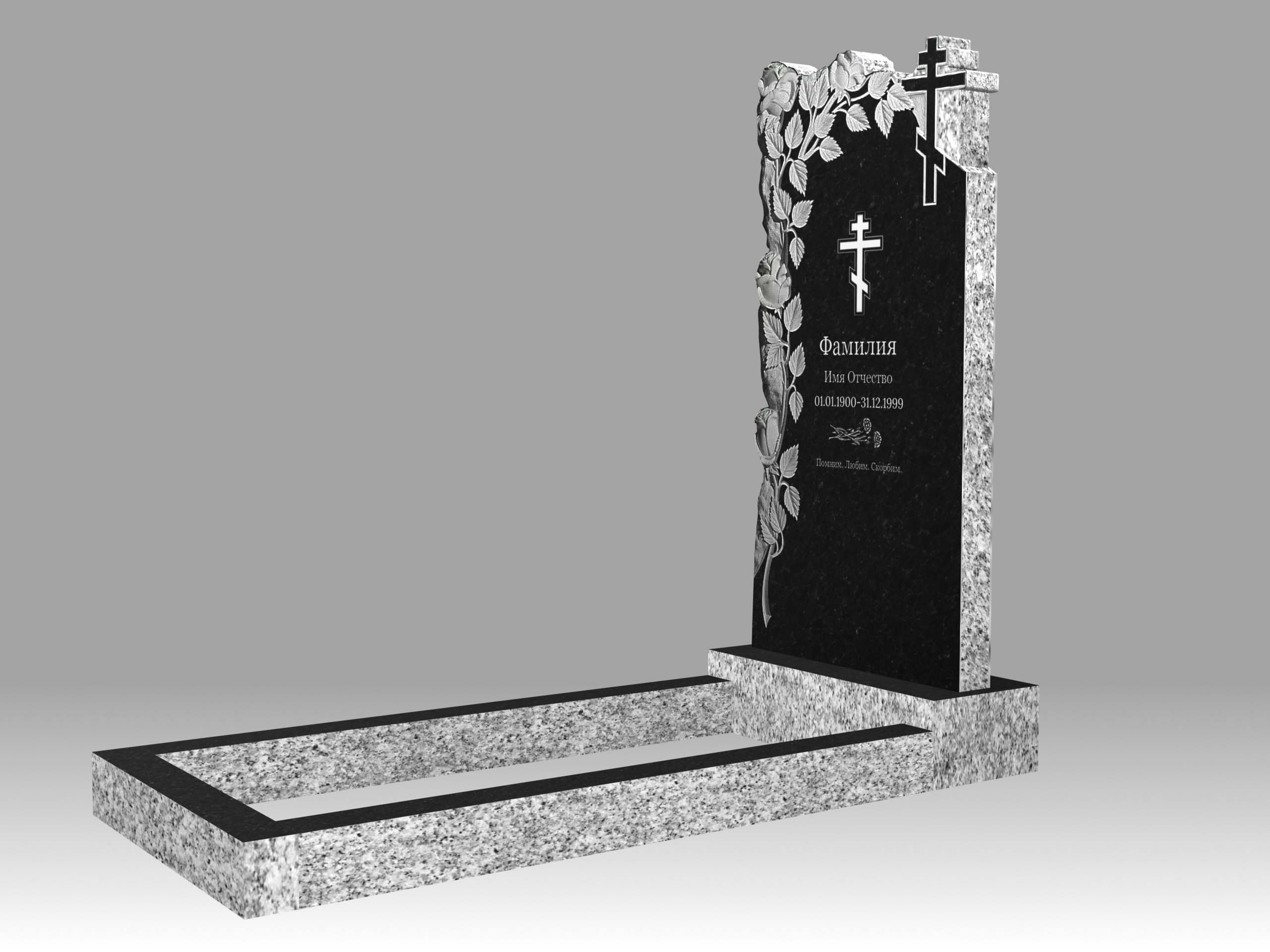 Памятник 17О цветы и крест с гравировкой и цветником 100х50