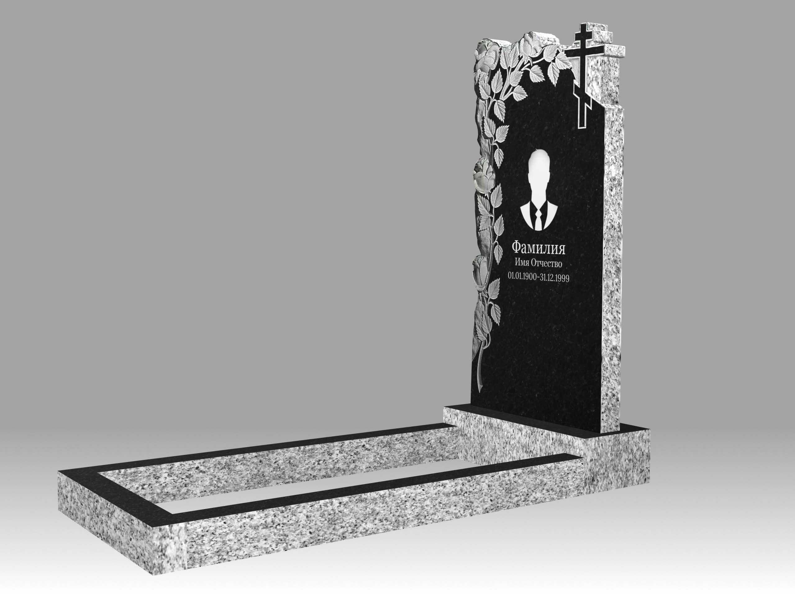 Памятник 17О цветы и крест с портретом, гравировкой и цветником 100х50