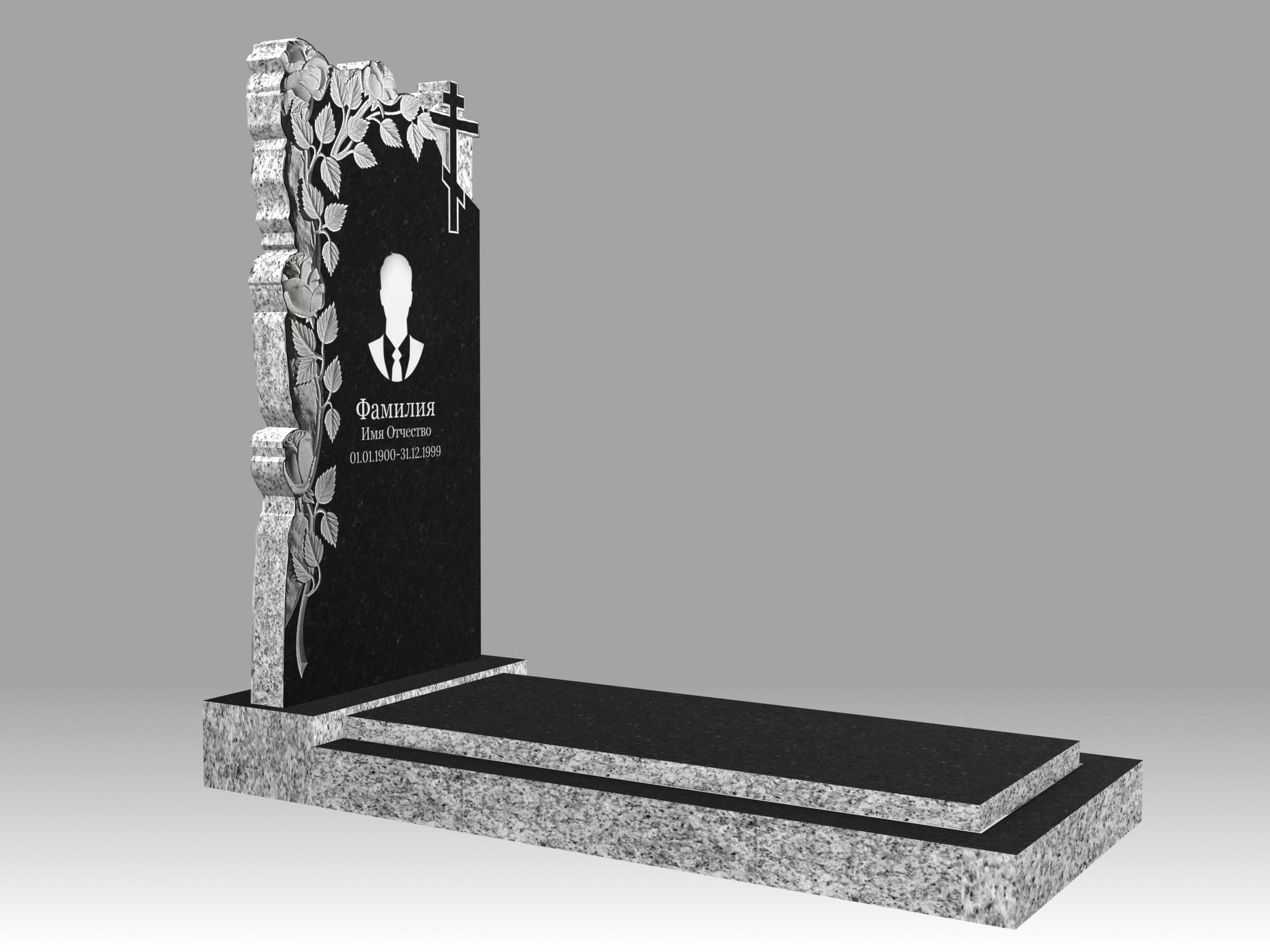 Памятник 17О цветы и крест с портретом, гравировкой, цветником и плитой 100х50