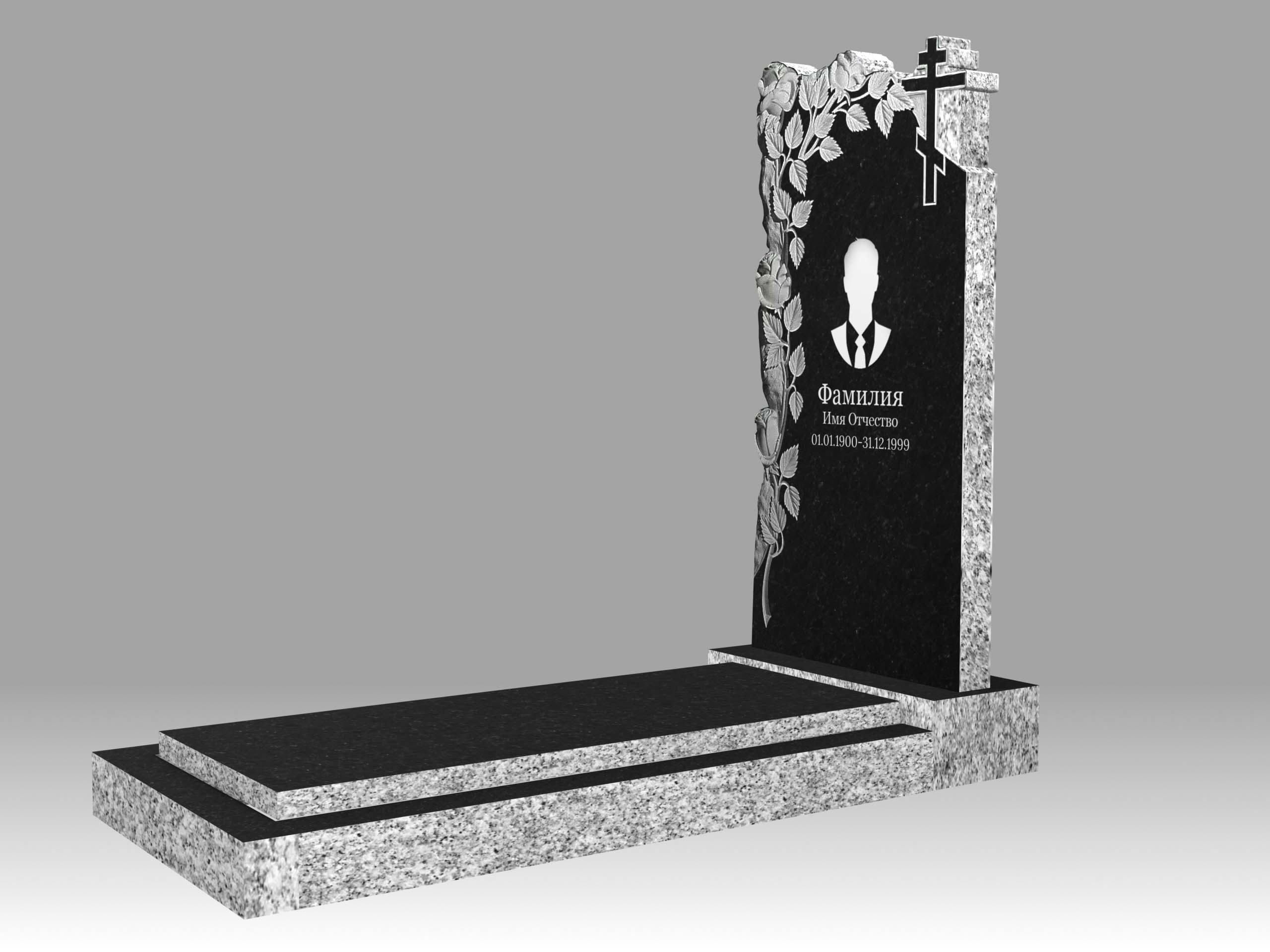 Памятник 17О цветы и крест с портретом, гравировкой, цветником и плитой 100х50